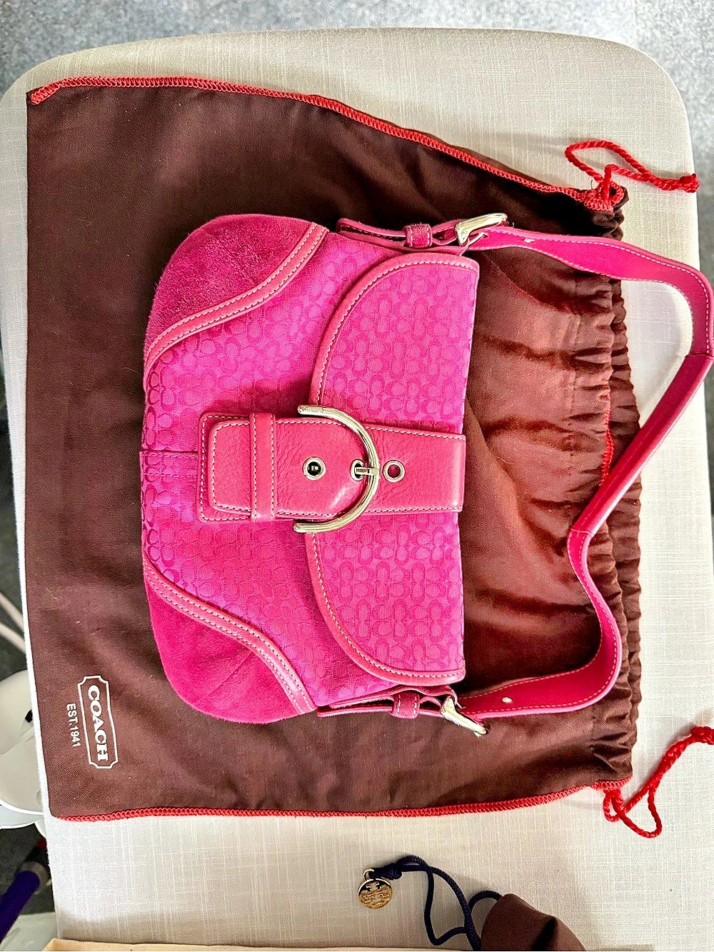 Coach Soho Suede Signature Flap Shoulder Bag Pink